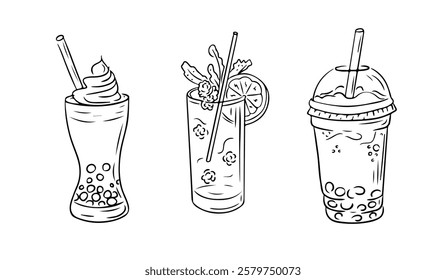 Black and white doodles of summer drinks with bubble tea, a refreshing citrus drink, and a creamy smoothie with whipped topping, showcasing a fun and modern beverage theme