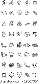 Black and white doodles in tiles inclding food, fruits, animals and othes 
