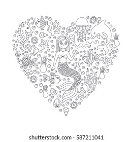 Black and white doodles underwater sea ocean symbols mermaid fish dolphin vector set