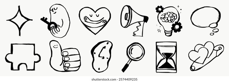 Black and white doodles of various icons: star, heart, megaphone, lightbulb, puzzle, thumbs up, magnifying glass, hourglass, and more. Simple and playful designs. Hand drawn vector set.