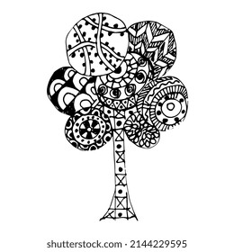 A black and white doodle-style drawing of a tree. Decorative isolated object on a white background.