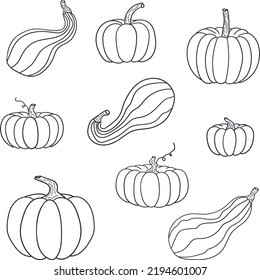A black and white doodle-style pumpkin set. Hand-drawn in vector.
