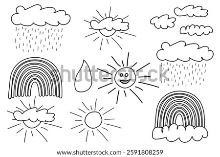 Black and white doodle-style weather elements, including sun, clouds, rain, rainbows, and a water droplet, for coloring.