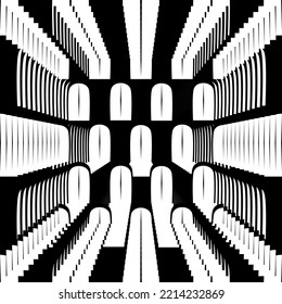 black and white door background.Black and white abstract background.Door illusion.Dimensional pattern of illuminated door.Retro abstract background.Dimensional image starting from the center. 