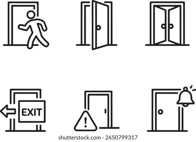 Iconografia de porta preta e branca enfatizando protocolos de segurança e estratégias de saída com um design estético unificado para clareza