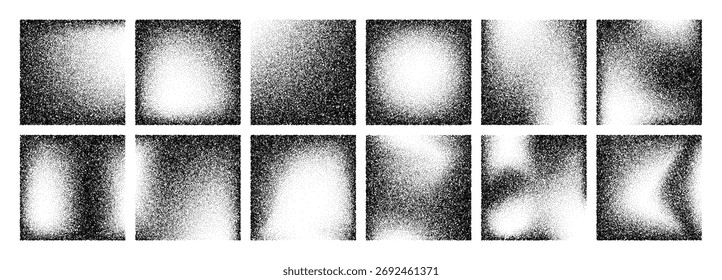 Black and white dot grain stipple noise vector texture gradient set for design element or overlay on abstract background.