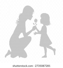 Black and white dot matrix silhouette of an kneeling and offering a flower to a child monochrome dots