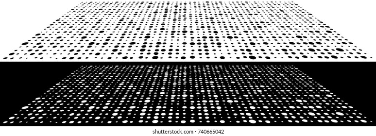 Black and white dots distorted into a 3D feel space pattern, in two different versions