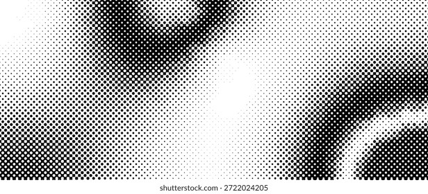 Black and white dots halftone background. Dotted abstract dynamic circles gradient vector texture. Pop art cartoon dot overlay backdrop. Energy, speed, sport and movement concept