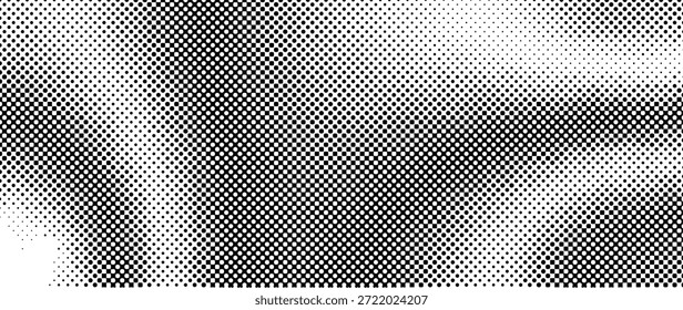 Black and white dots halftone background. Abstract wave dotted gradient vector texture. Pop art cartoon dot overlay backdrop