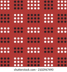 Black and white dots on a red background. Vector with groups of points located together and in order.