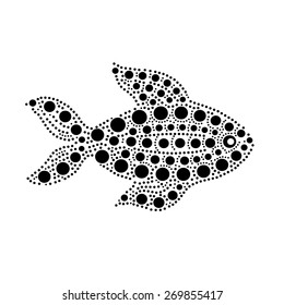 Black and white dotted fish silhouette australian aboriginal art style, vector illustration