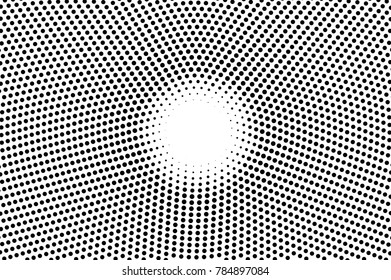 Black and white dotted gradient with blank space in center. Contrast half tone vector background. Frequent dotted halftone. Monochrome texture. Black ink dot on transparent backdrop. Abstract dotwork