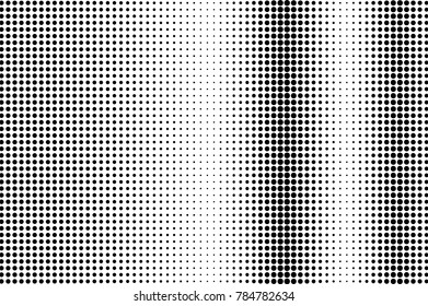 Black and white dotted gradient. Contrast half tone vector background. Vertical dotted halftone. Monochrome retro texture. Black ink dot on transparent backdrop. Pop art dotwork. Abstract backdrop