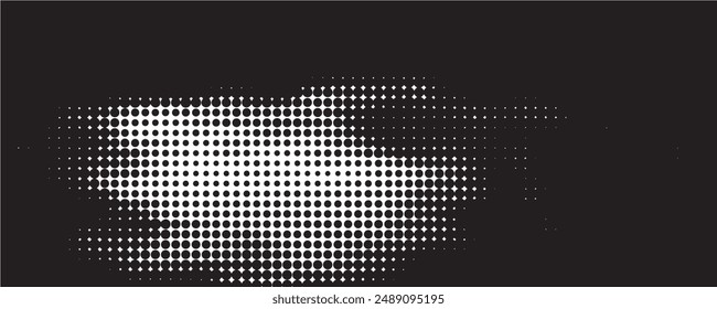 Black and white dotted halftone background.