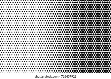 Black white dotted halftone background. Halftone pattern. Black dot gradient on transparent overlay. Monochrome dotted vector illustration. Modern horizontal halftone gradient. Pop art dotted texture