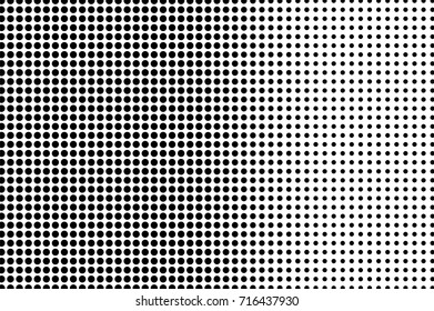 Black white dotted halftone background. Halftone pattern. Black dot gradient on transparent overlay. Monochrome dotted vector illustration. Grungy horizontal halftone gradient. Pop art dotted texture