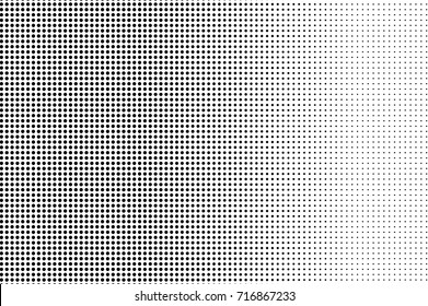 Black white dotted halftone background. Halftone pattern. Black dot on transparent overlay. Monochrome dotted vector illustration. Vintage horizontal halftone gradient. Pop art dotted texture