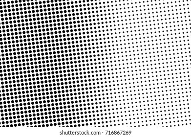 Black white dotted halftone background. Halftone pattern. Black dot on transparent overlay. Monochrome dotted vector illustration. Vintage horizontal halftone gradient. Pop art dotted texture