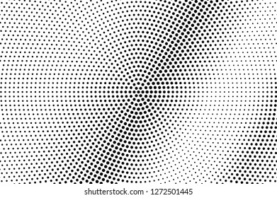 Black and white dotted halftone with diagonal gradient. Circular vector texture. Vintage effect graphic decor. Retro dotted overlay. Monochrome halftone background or foreground. Perforated surface