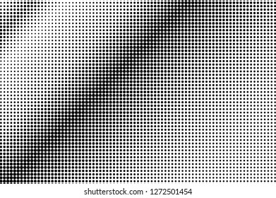 Black and white dotted halftone with diagonal gradient. Regular vector texture. Vintage effect graphic decor. Retro dotted overlay. Monochrome halftone background or foreground. Perforated surface