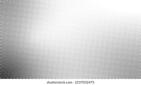 Black and white dotted halftone gradient with blank space in center. Contrast half tone vector background. Frequent dotted Monochrome texture. Black ink dot on transparent backdrop. Abstract dotwork.