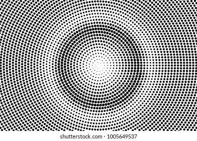 Black white dotted halftone. Half tone vector background. Radial centered dotted gradient. Abstract minimal texture. Black ink dot on transparent backdrop. Pop art dotwork. Retro design template