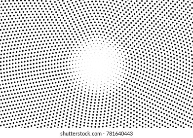 Black and white dotted halftone. Half tone vector background. White center circle dotted gradient. Abstract monochrome template. Black ink dots on transparent backdrop. Pop art retro design