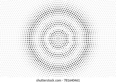 Black and white dotted halftone. Half tone vector background. Subtle centered dotted gradient. Abstract monochrome template. Black ink dot on transparent backdrop. Pop art dotwork. Retro design effect