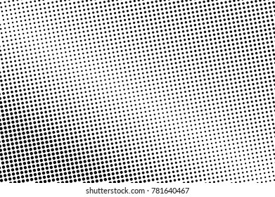 Black and white dotted halftone. Half tone vector background. Grey dotted gradient with diagonal light. Abstract monochrome template. Black ink dots on transparent backdrop. Pop art dotwork effect