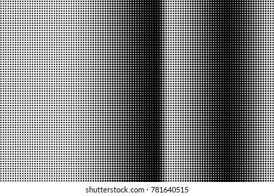 Black white dotted halftone. Half tone vector background. Dark folded lines dotted gradient. Abstract monochrome texture. Black ink dot on transparent backdrop. Pop art dotwork. Retro design template
