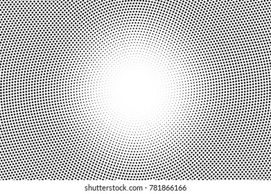 Black white dotted halftone. Half tone vector background. White center dotted gradient. Abstract monochrome texture. Black ink dot on transparent backdrop. Pop art dotwork. Retro design template