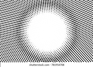 Black white dotted halftone. Half tone vector background. Space centered dotted gradient. Abstract monochrome texture. Black ink dot on transparent backdrop. Pop art dotwork. Retro design template