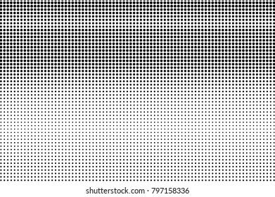 Black white dotted halftone. Half tone vector background. Smooth horizontal dotted gradient. Abstract minimal texture. Black ink dot on transparent backdrop. Pop art dotwork. Retro design template