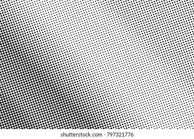 Black white dotted halftone. Half tone vector background. Diagonal subtle dotted gradient. Futuristic minimal texture. Black dot on transparent backdrop. Pop art dotwork. Retro design template