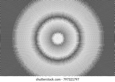 Black white dotted halftone. Half tone vector background. Concentrated circle dotted gradient. Abstract minimal texture. Black ink dot on transparent backdrop. Pop art dotwork. Retro design template
