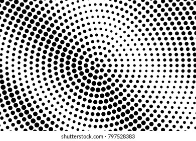 Black white dotted halftone. Half tone vector background. Grungy radial dotted gradient. Abstract minimal texture. Black ink dot on transparent backdrop. Pop art dotwork. Retro design template