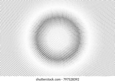 Black white dotted halftone. Half tone vector background. Pale round radial dotted gradient. Futuristic minimal texture. Black dot on transparent backdrop. Pop art dotwork. Retro design template