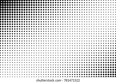 Black and white dotted halftone vector background. Regular dotted gradient overlay. Abstract monochrome background. Black ink dotwork on transparent backdrop. Perforated template. Pop art retro design
