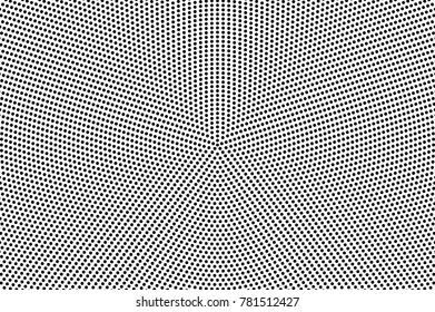 Black and white dotted halftone vector background. Frequent radial dotted overlay. Abstract monochrome background. Black ink dotwork on transparent backdrop. Perforated template. Pop art retro design