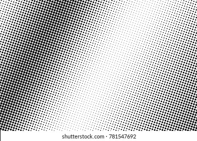Black and white dotted halftone vector background. Smooth diagonal dotted gradient. Abstract monochrome background. Black ink dotwork on transparent backdrop. Perforated template. Pop art retro design