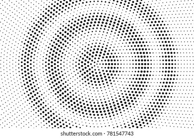 Black and white dotted halftone vector background. Rough concentrated dotted gradient. Abstract monochrome background. Black ink dots on transparent backdrop. Perforated template. Pop art retro design