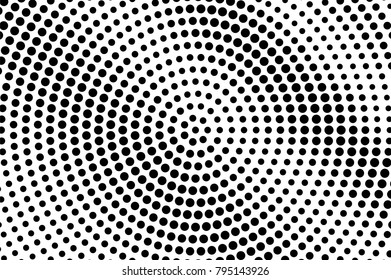 Black white dotted halftone vector background. Radial rough dotted gradient. Monochrome halftone pop art design. Abstract halftone texture. Black ink dot vintage overlay. Retro halftone template
