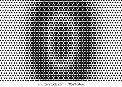 Black white dotted halftone vector background. Oval dotted gradient. Monochrome halftone pop art design. Abstract grayscale halftone texture. Black ink dot vintage overlay. Retro halftone template