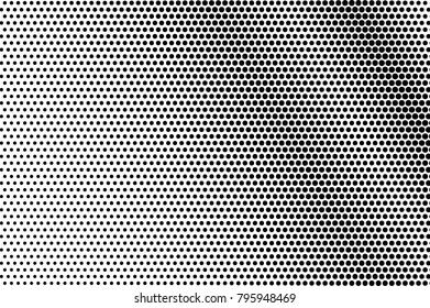 Black white dotted halftone vector background. Regular dotted gradient. Monochrome halftone pop art design. Abstract grayscale halftone texture. Black ink dot vintage overlay. Retro halftone template