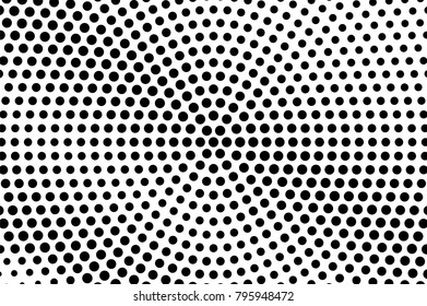 Black white dotted halftone vector background. Centered dotted gradient. Monochrome halftone pop art design. Abstract grayscale halftone texture. Black ink dot vintage overlay. Retro halftone template