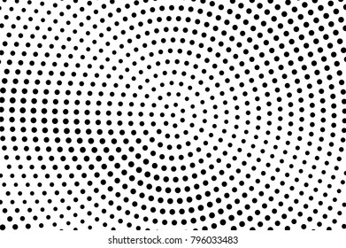Black white dotted halftone vector background. Round dotted gradient. Monochrome halftone pop art design. Abstract grayscale halftone texture. Black ink dot vintage overlay. Retro halftone template