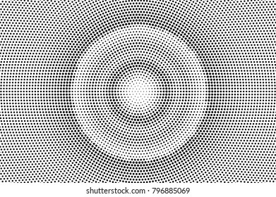 Black white dotted halftone vector background. Concentrated circle dotted gradient. Minimalistic halftone pop art design. Abstract halftone texture. Black ink dot vintage overlay. Retro halftone