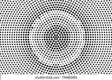 Black white dotted halftone vector background. Radial rough dotted gradient. Minimalistic halftone pop art design. Abstract halftone texture. Black ink dot vintage overlay. Retro halftone template