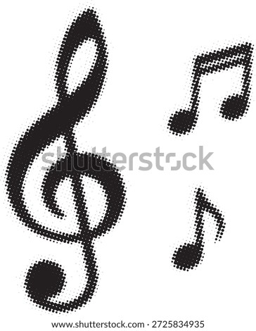 A black and white dotted line of a treble clef and musical notes. The treble clef is depicted on the left side with two musical notes on the right. The uses a halftone pattern with black dots on a...